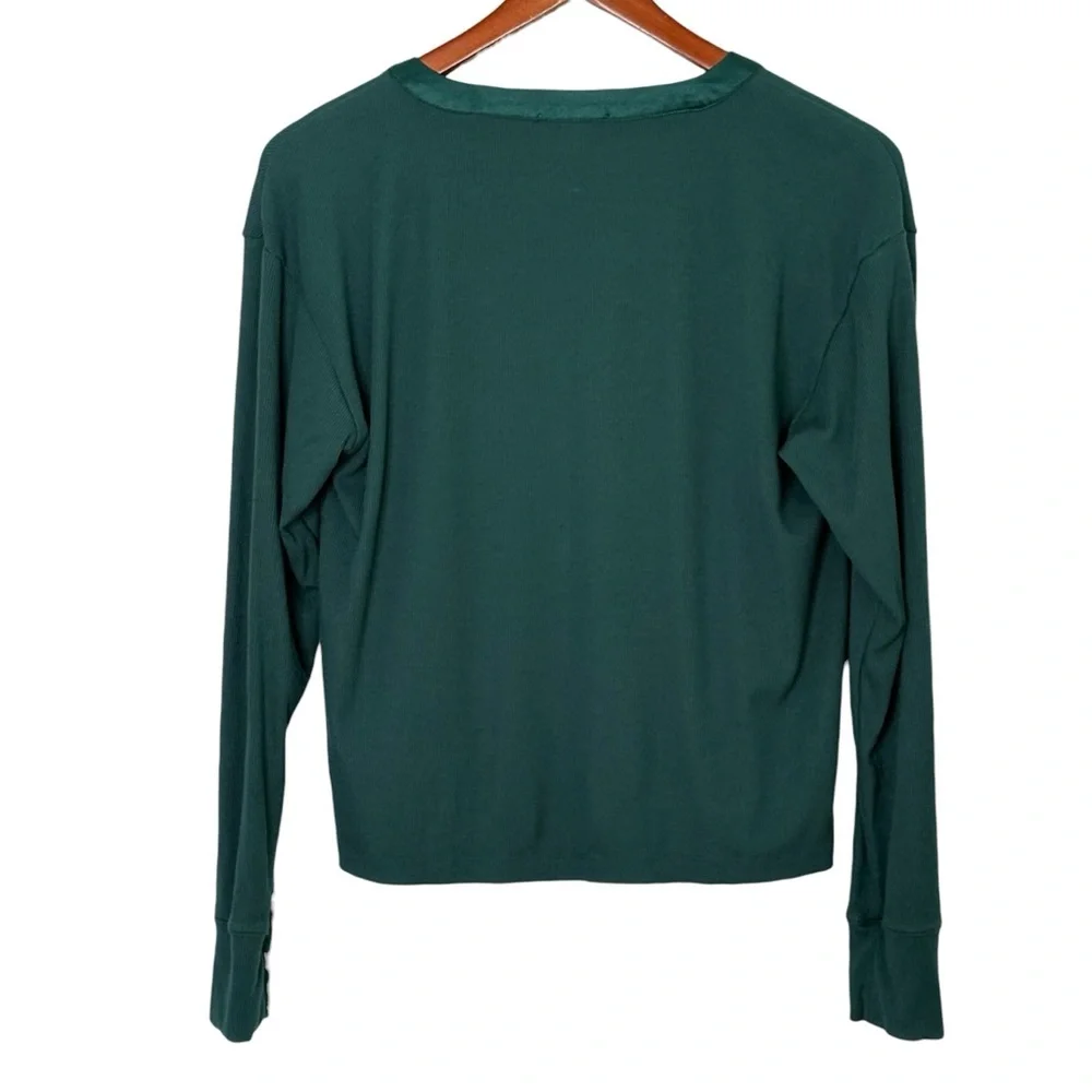 Evereve Bex Split Neck Top Size S Satin Trim Soft Rib Knit Green Modal Blend - Picture 9 of 13
